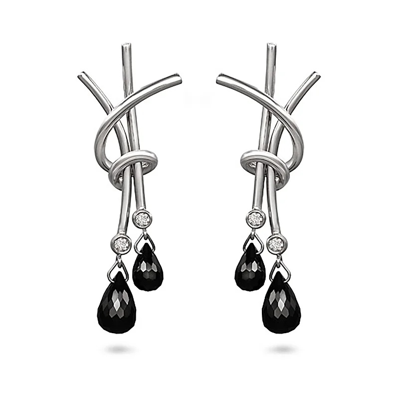 Birch wood earrings-Black Spinel and Diamond Splash Earrings