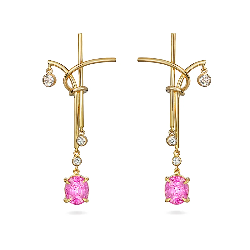 Half crescent earrings-Pink Sapphire and Yellow Gold Splash Earrings