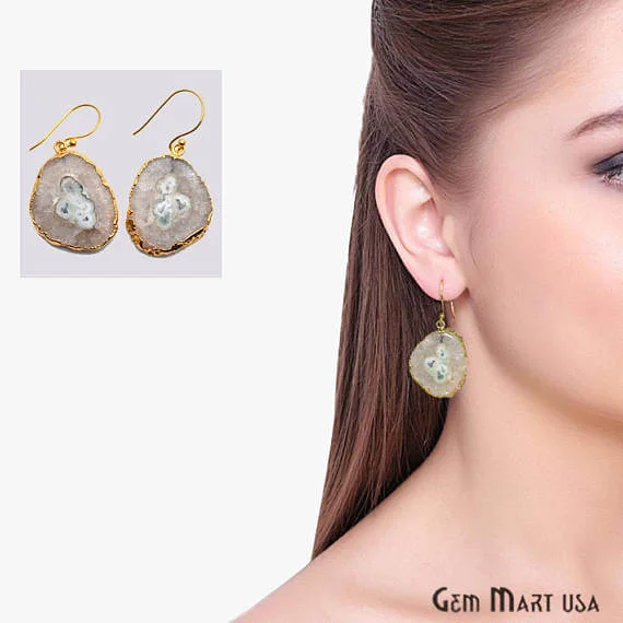 Edwardian earrings-White Solar Druzy Organic Shape Gold Electroplated 32x24mm Dangle Hook Earring