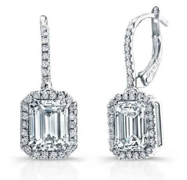 High shine earrings-2.00 ct. Emerald Cut Lever Back Halo Diamond Earrings