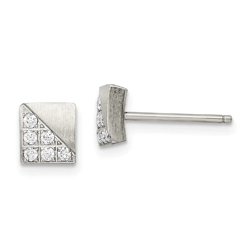 Clean cross earrings-Stainless Steel Brushed CZ Square Post Earrings