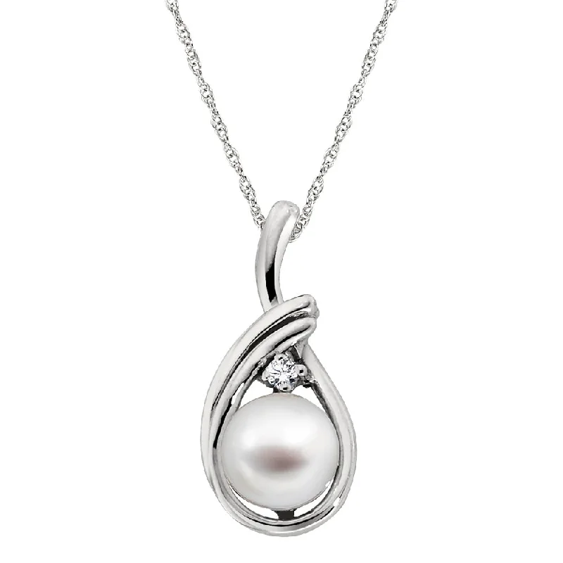 Elastic thread necklaces-Curvy Swirl Diamond and Pearl Necklace in 14K White Gold