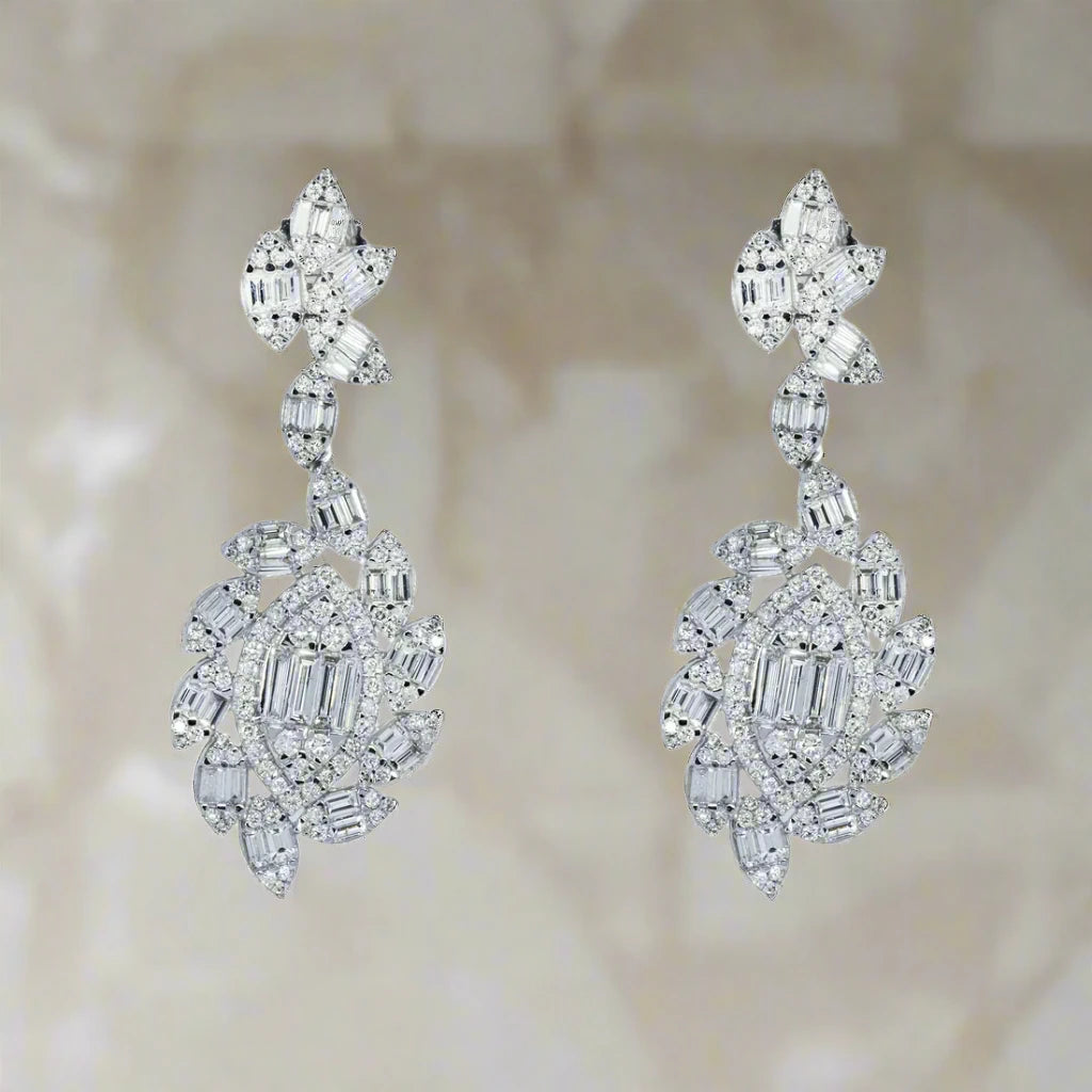 Gatsby drop earrings-Sherah 5 Carats Round and Baguette Cut Detailed Diamond Drop Earrings in 14K White Gold