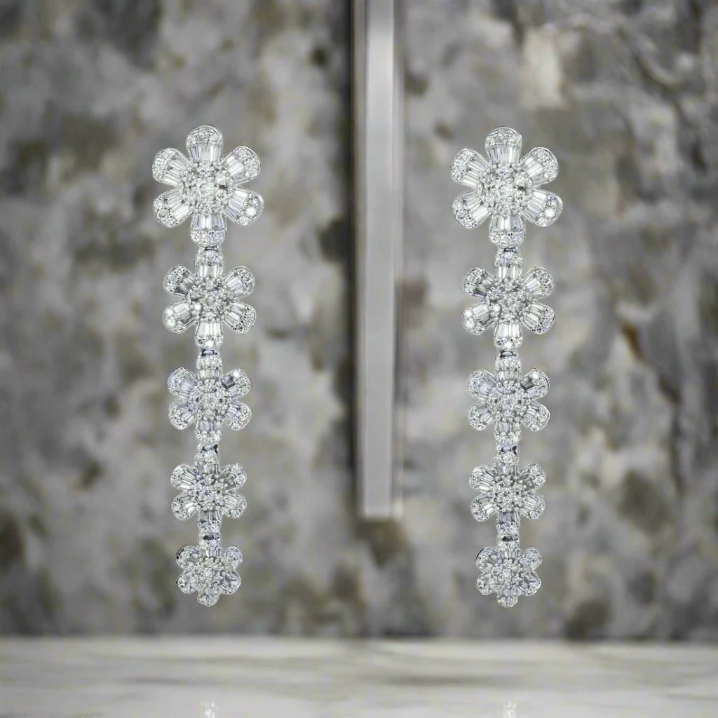 Dual-side earrings-Katniss 2 Carats Round and Baguette Diamond Flower Vine Drop Earrings in 14K White Gold