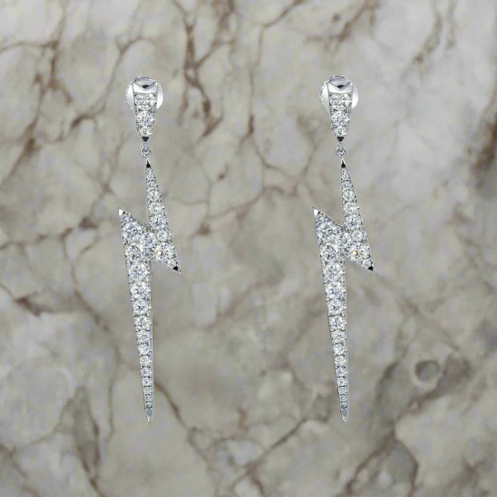 Bloom pattern earrings-Clarke 2 Carats Round Lightning Bolt Drop Earrings in 14K White Gold