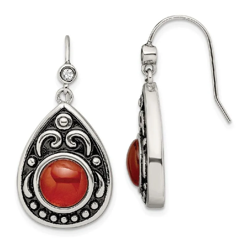 Pure stud earrings-Stainless Steel Polished/Antiqued Red Agate/CZ Dangle Earrings