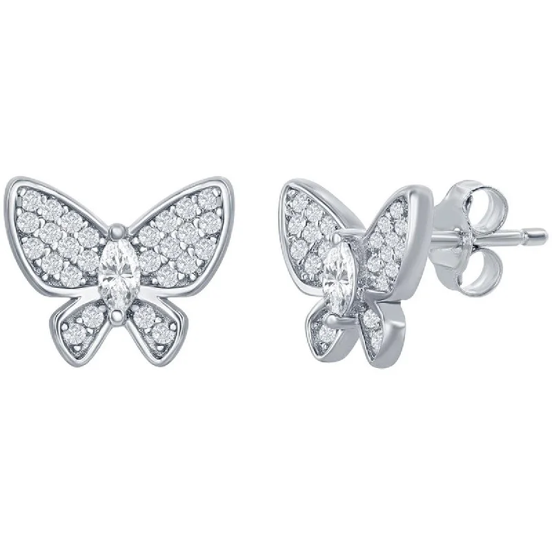 Cool wood earrings-Classic Women's Earrings - Sterling Silver White CZ Stone Butterfly Stud | D-7536