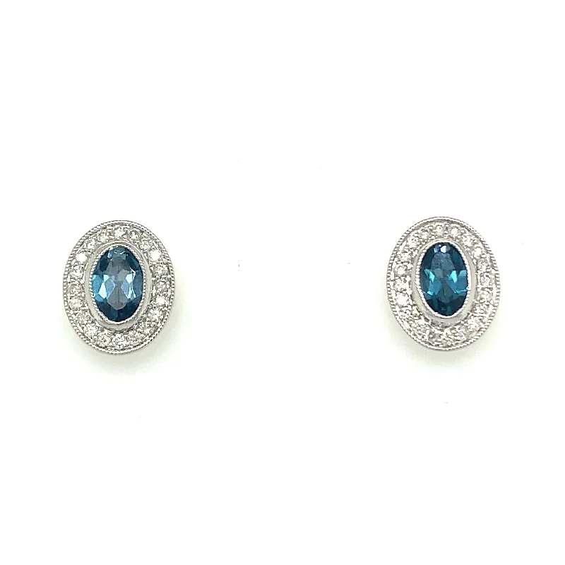 Quirky pair earrings-9ct White Gold 1.19ct Earth Grown London Blue Topaz & Diamond Halo Stud Earrings