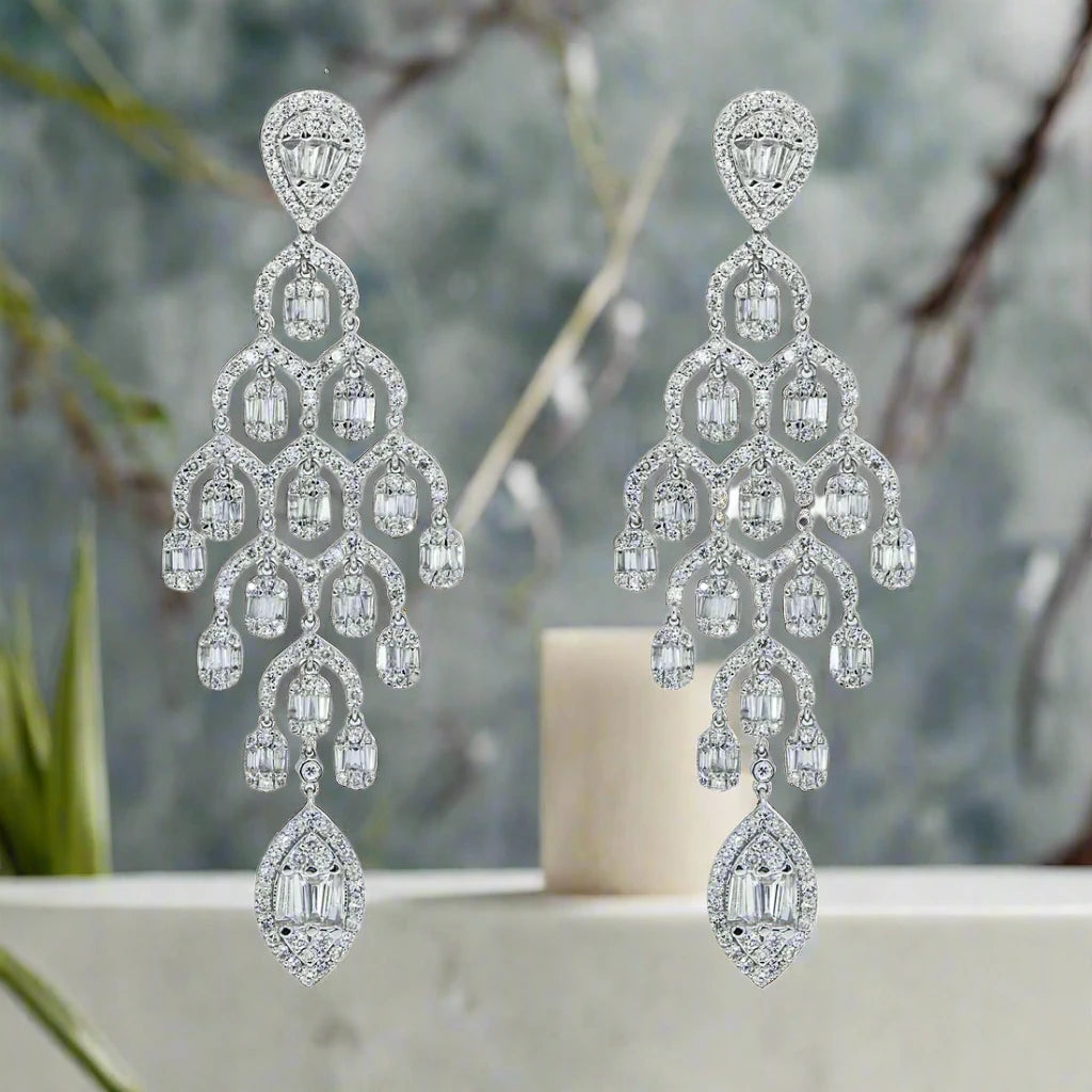 Fine star earrings-Bronwyn 5 Carats Baguette and Round Diamond Chandelier Drop Earrings in 14K White Gold