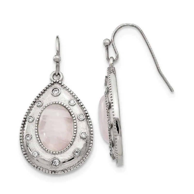 Edwardian earrings-Stainless Steel Polished Rose Quartz and CZ Shepherd Hook Earrings