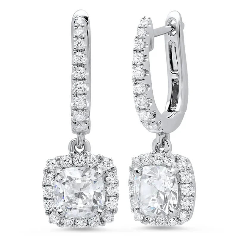 Sapphire stud earrings-1.70 ct. Halo Cushion Dangling Lever Back Diamond Earrings