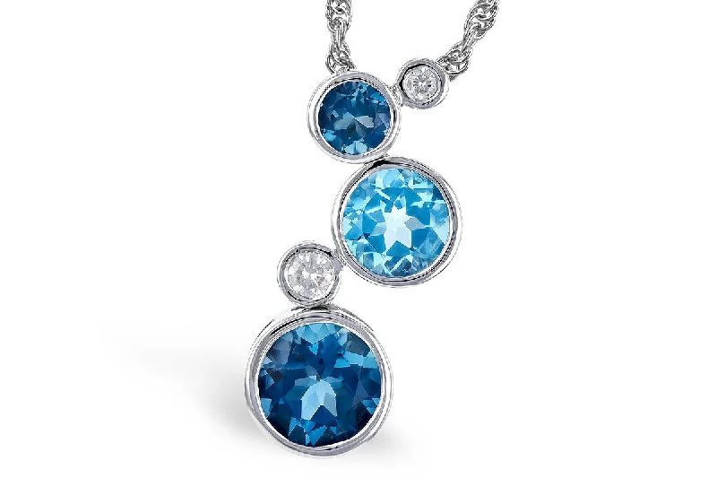 Curled knot necklaces-14K White Gold Swiss & London Blue Topaz and Diamond Bezel Set Bubble Necklace