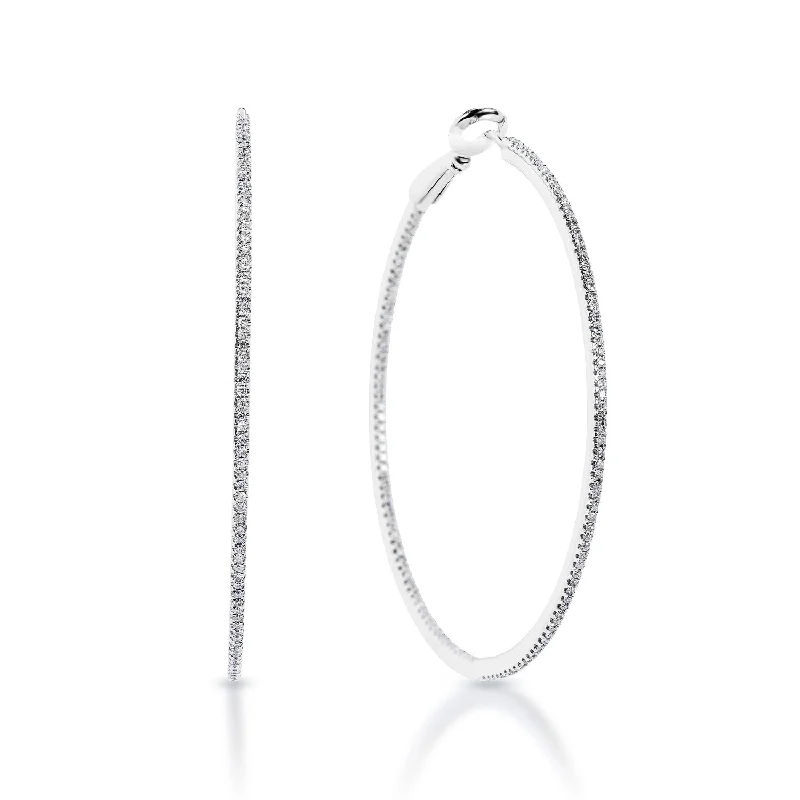 Wave design earrings-Karla 2 inch Whisper Thin Diamond Hoop Round Brilliant Earrings in 14k White Gold