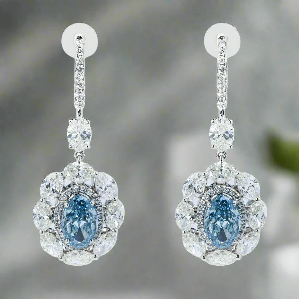 Vivid druzy earrings-Amelie 13 Carats Oval Cut Lab Grown Fancy Vivid Blue Diamond Drop Earrings in 14K White Gold