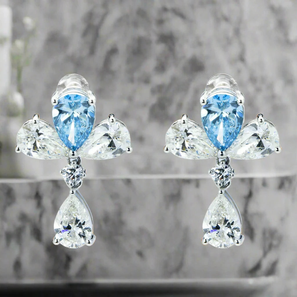 Swirl shape earrings-Kimber 9 Carats Pear Cut Lab Grown Fancy Vivid Blue Diamond Drop Earrings in 18K White Gold