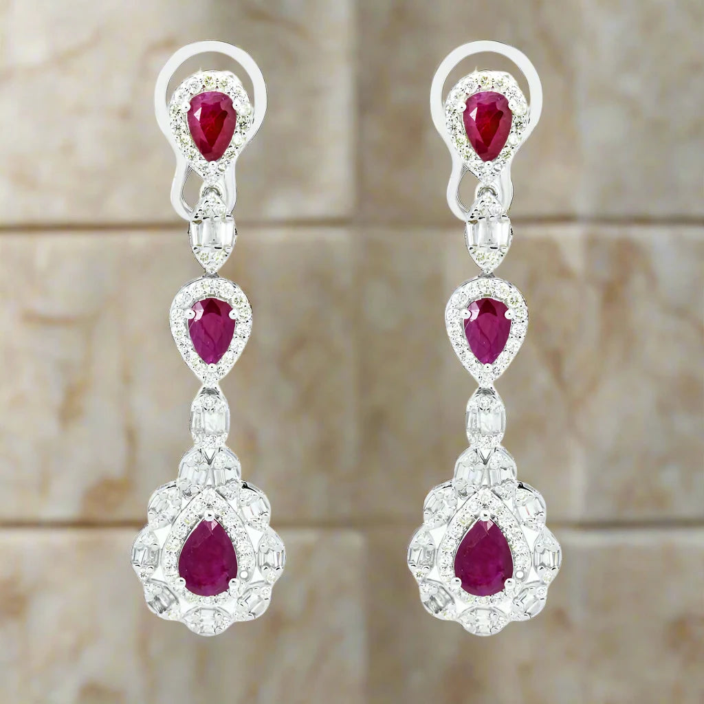 Nomad braid earrings-Baylor Ruby & Diamond Three Tier Drop Earrings in 14K White Gold