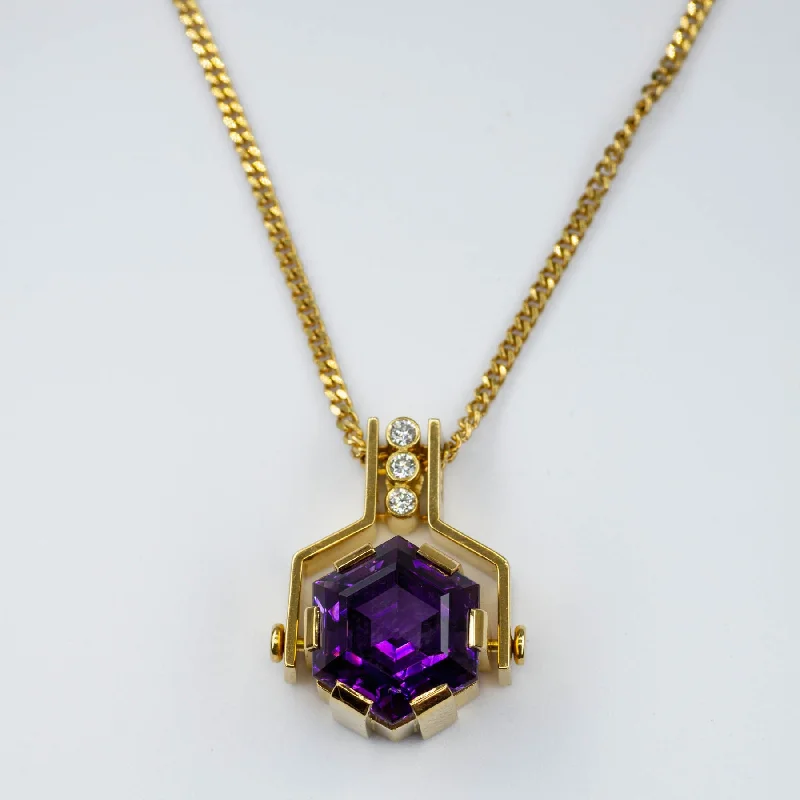 Amethyst drop necklaces-'Cavelti' 18k Gold Amethyst and Diamond Necklace | 8.00ct | 0.09ct | 20"