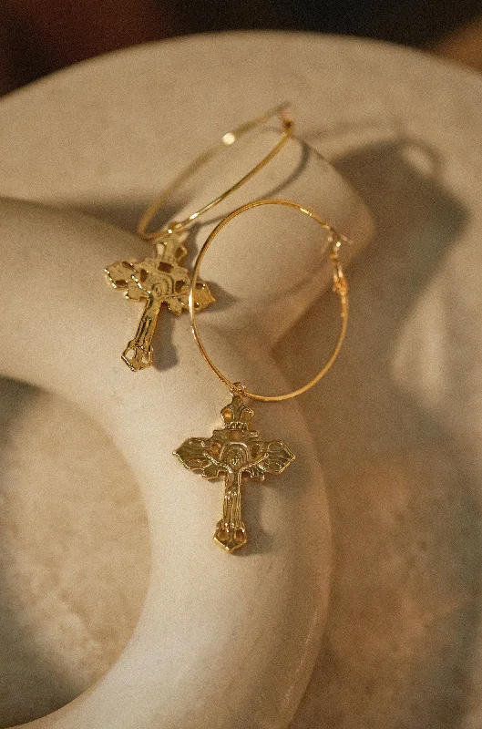 Thai tile earrings-Isabella Cross Hoop Earring - Gold