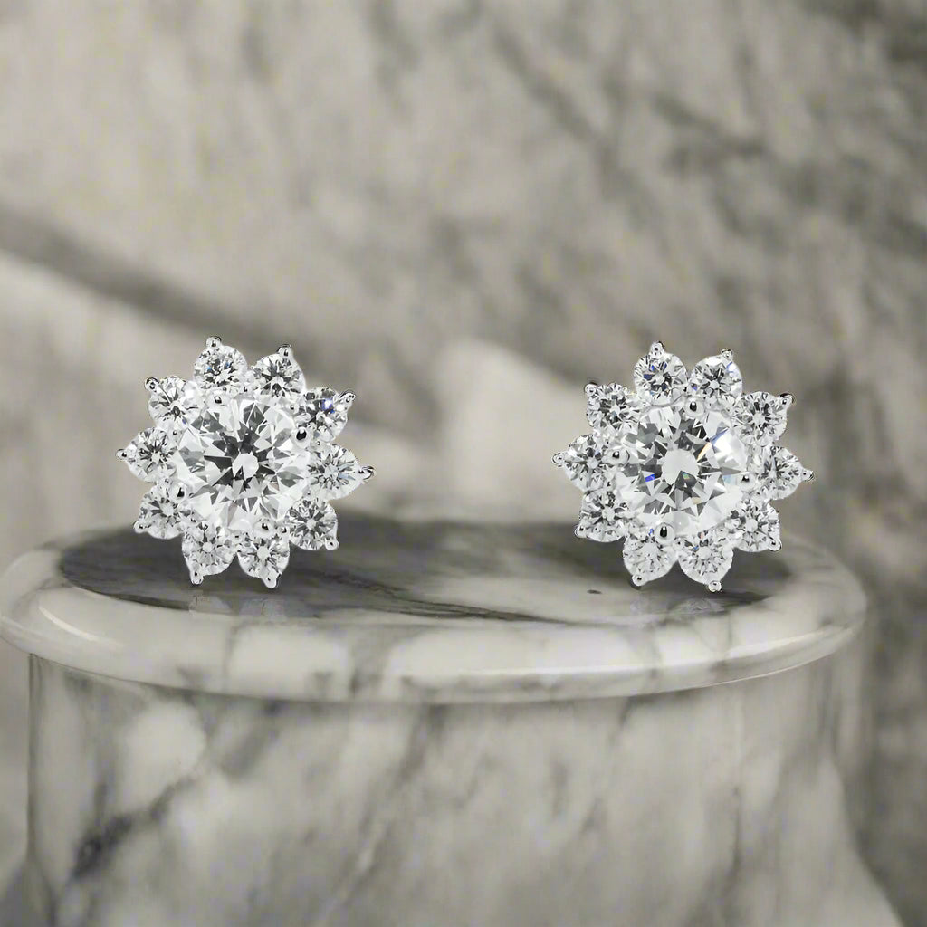 Shiny art earrings-Lux 4 Carats Sun Lab Grown Round Diamond Stud Earrings in 18K White Gold IGI