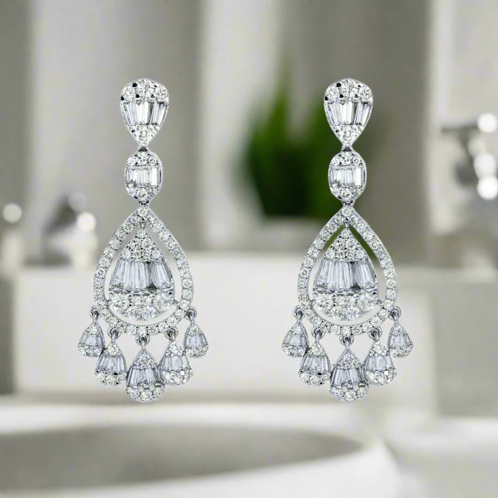 Thin stud earrings-Sonnet 4 Carats Round and Baguette Diamond Teardrop Earrings in 14K White Gold