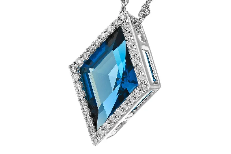 Petite charm necklaces-14K White Gold Triangle Cut London Blue Topaz And Diamond Halo Necklace