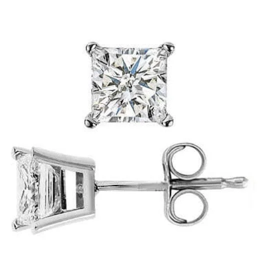 Curved drop earrings-0.90 Ct. Princess Cut Diamond Stud Earrings Basket Setting Push Back or Screw back