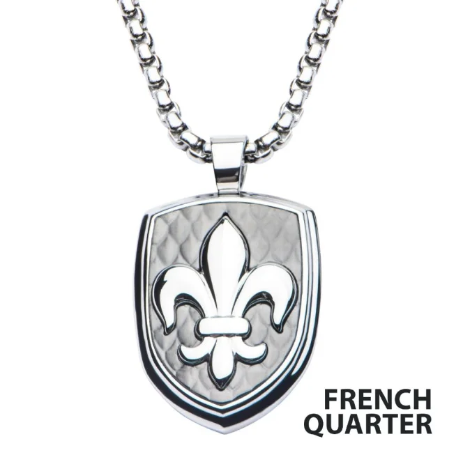 Amethyst pendant necklaces-Polished Steel Finish Fleur de Lis Accent Mounted on a Brushed Gun Metal IP Pendant with Steel Box Chain