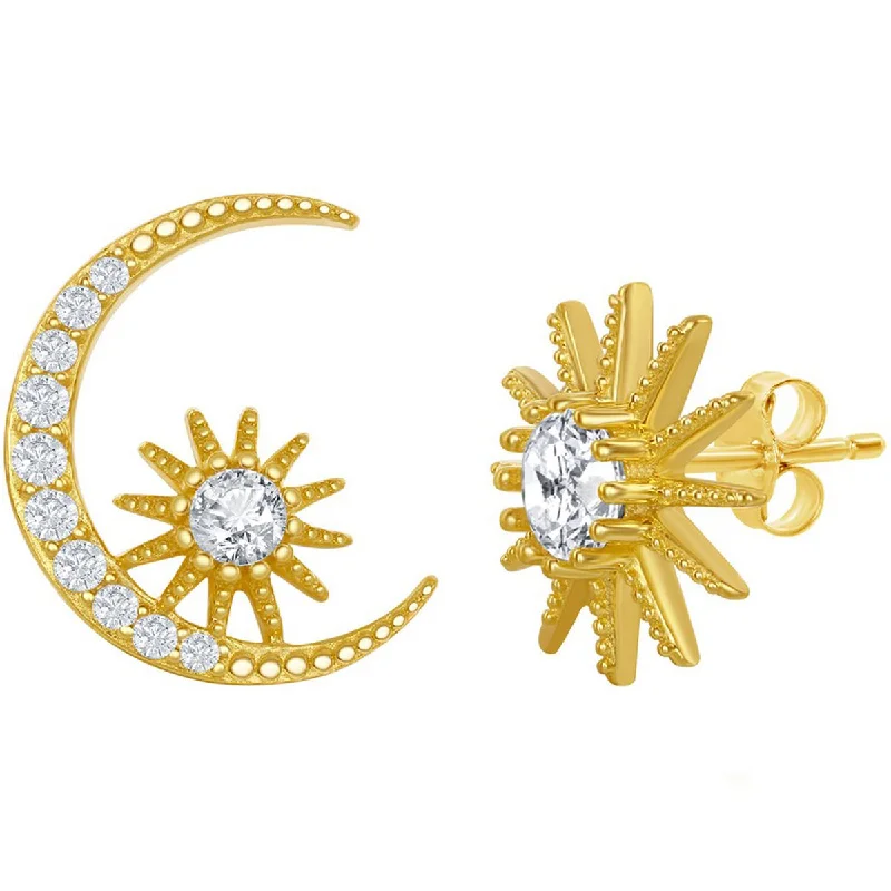 Gatsby drop earrings-Classic Women's Earrings - Gold Plated Sun and Moon CZ Stud Post Back Closure | D-7825