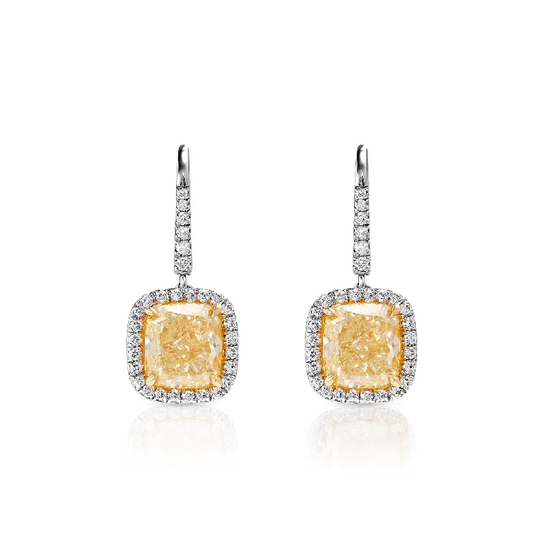 Nomad feather earrings-Amaia 7 Carat Yellow Cushion Cut Halo Diamond Leverback Hanging Earrings in Platinum