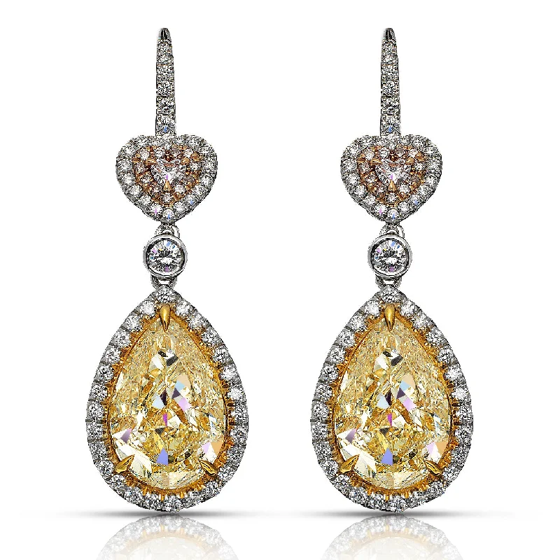 Fine triangle earrings-TAYLOR 12 CARAT FANCY YELLOW PEAR  AND HEART SHAPE PINK DIAMOND DROP EARRINGS  IN PLATINUM GIA CERTIFIED BY MIKE NEKTA