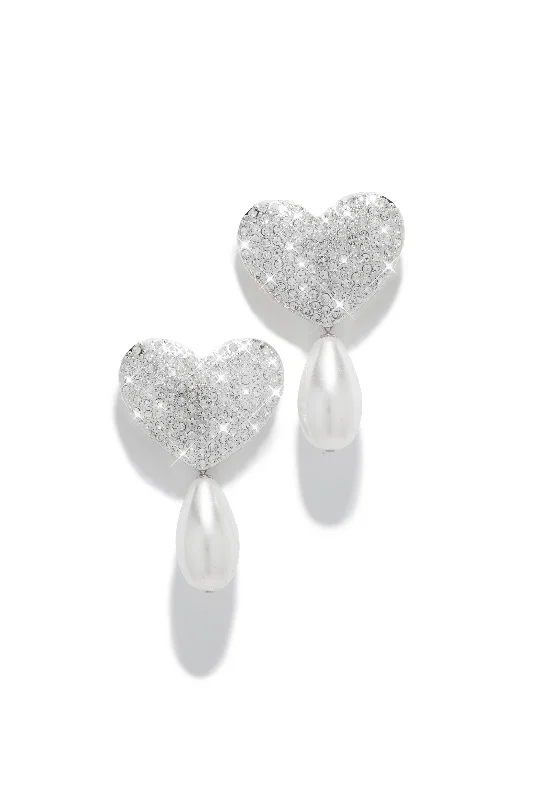 Tide motif earrings-Lover Embellished Heart Earring - Silver