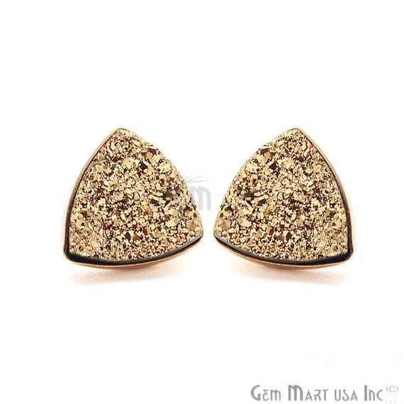 Bright crystal earrings-Trillion Shape 10mm Gold Plated Druzy Stud Earrings (Pick your Gemstone)