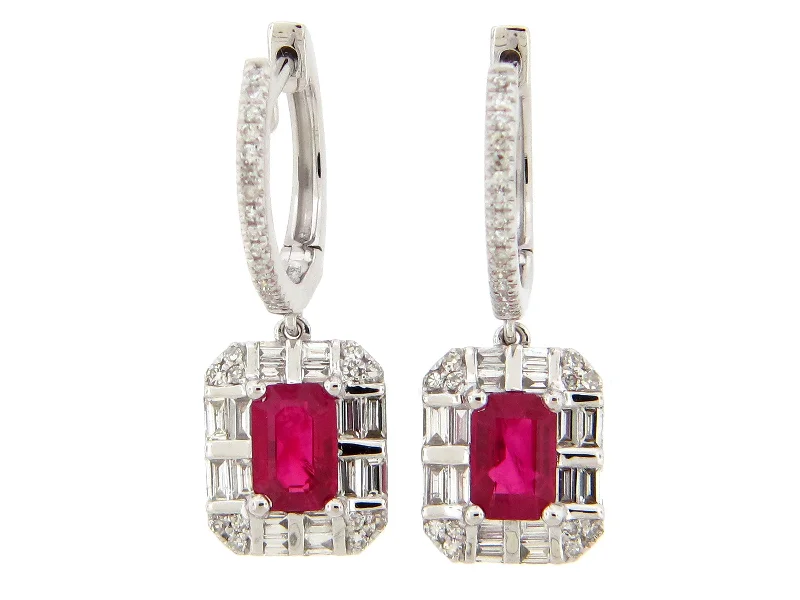 Wave design earrings-14KWG 0.70CTW BR DIA 1.21CTW RUBY WITH BAGUETTE HALO DANGLE EARRING