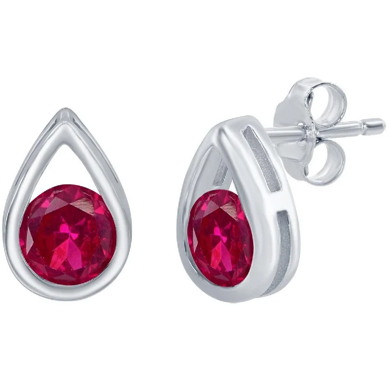 Thick cuff earrings-Classic Women's Earrings - Sterling Silver Pearshaped with Round Ruby Stud | D-8165