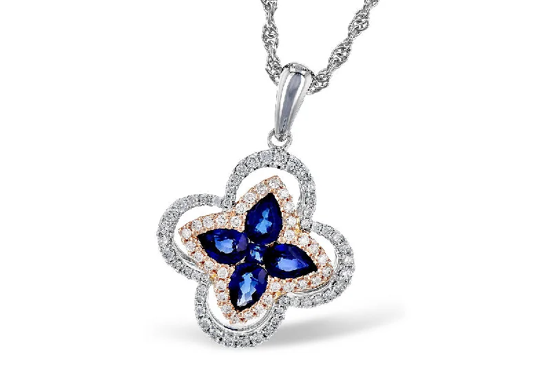 Stamped initial necklaces-14K Rose & White Gold Pear Shaped Blue Sapphires and Diamond Floral Cluster Halo Necklace