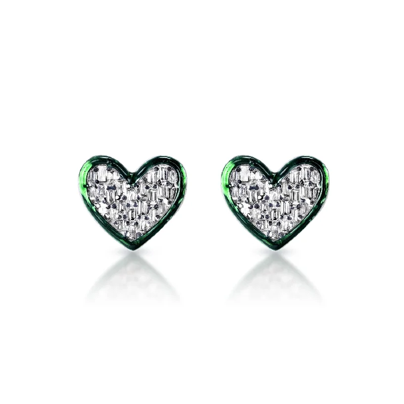 Thin dangle earrings-Alina Heart Baguette Cut Diamond Stud Earrings with green enamel in 14k White Gold