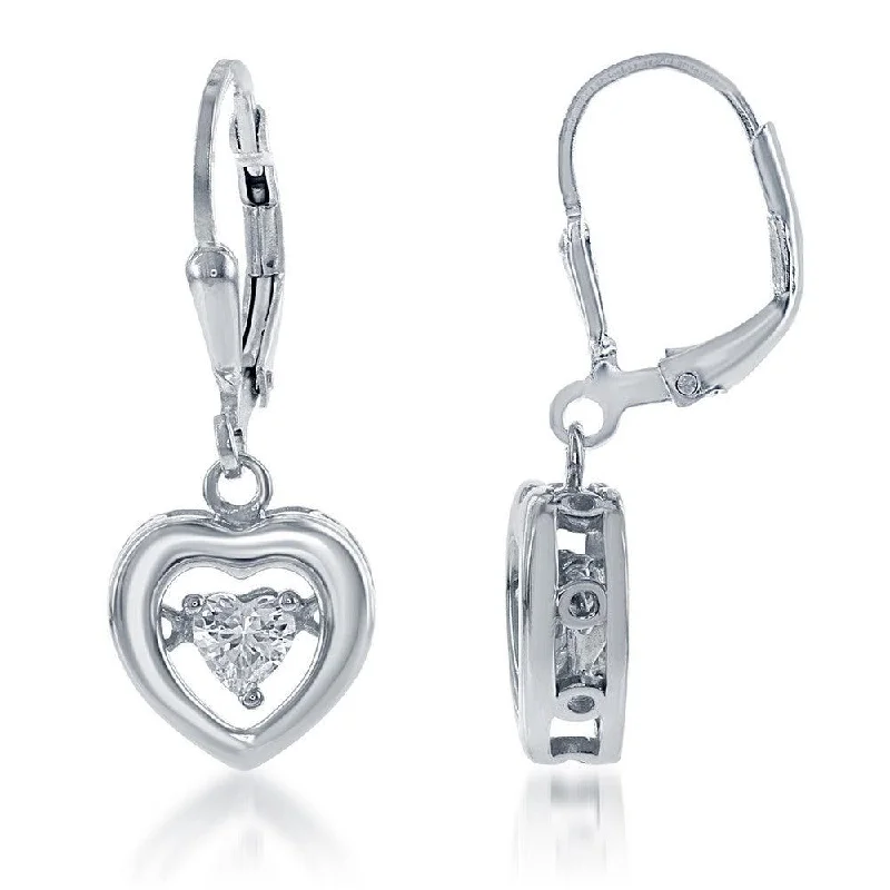 Etched disc earrings-Sterling Silver Open Heart with Center Dancing CZ Earrings