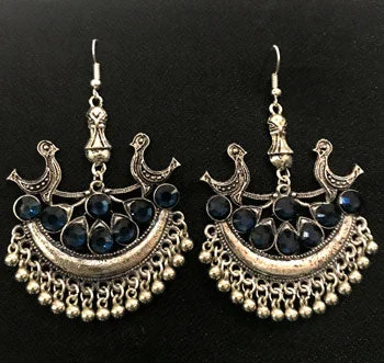 Flat hoop earrings-Peacock Metal Earrings Oxidized Chand Bali Stone Inlay