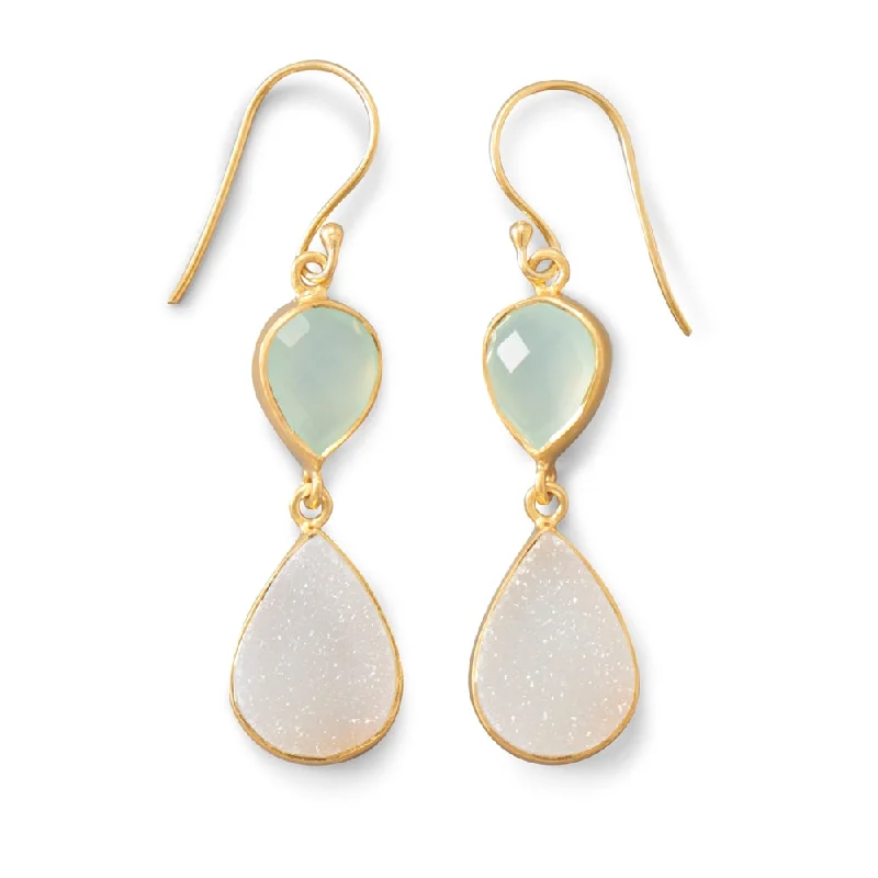 Tiny dot earrings-White Druzy and Green Chalcedony Earrings Gold-plated Sterling Silver