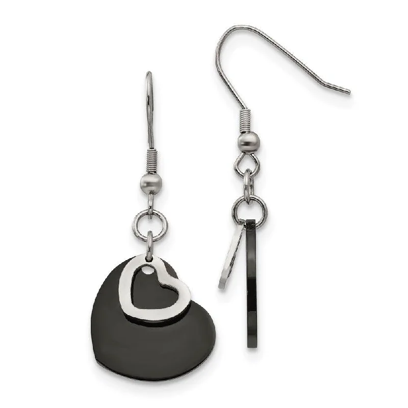 Quirky pair earrings-Stainless Steel Polished Black IP-plated Moveable Heart Earrings