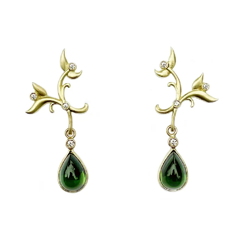 Cord fringe earrings-Leaf Yellow Gold, Green Tourmaline and Diamond Drop Earrings