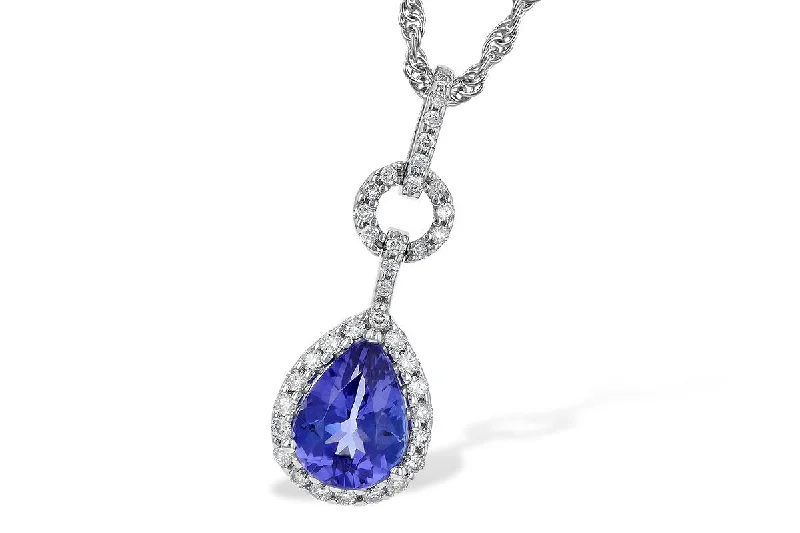 Sleek drop necklaces-14K White Gold Tanzanite and Diamond Halo Drop Necklace.