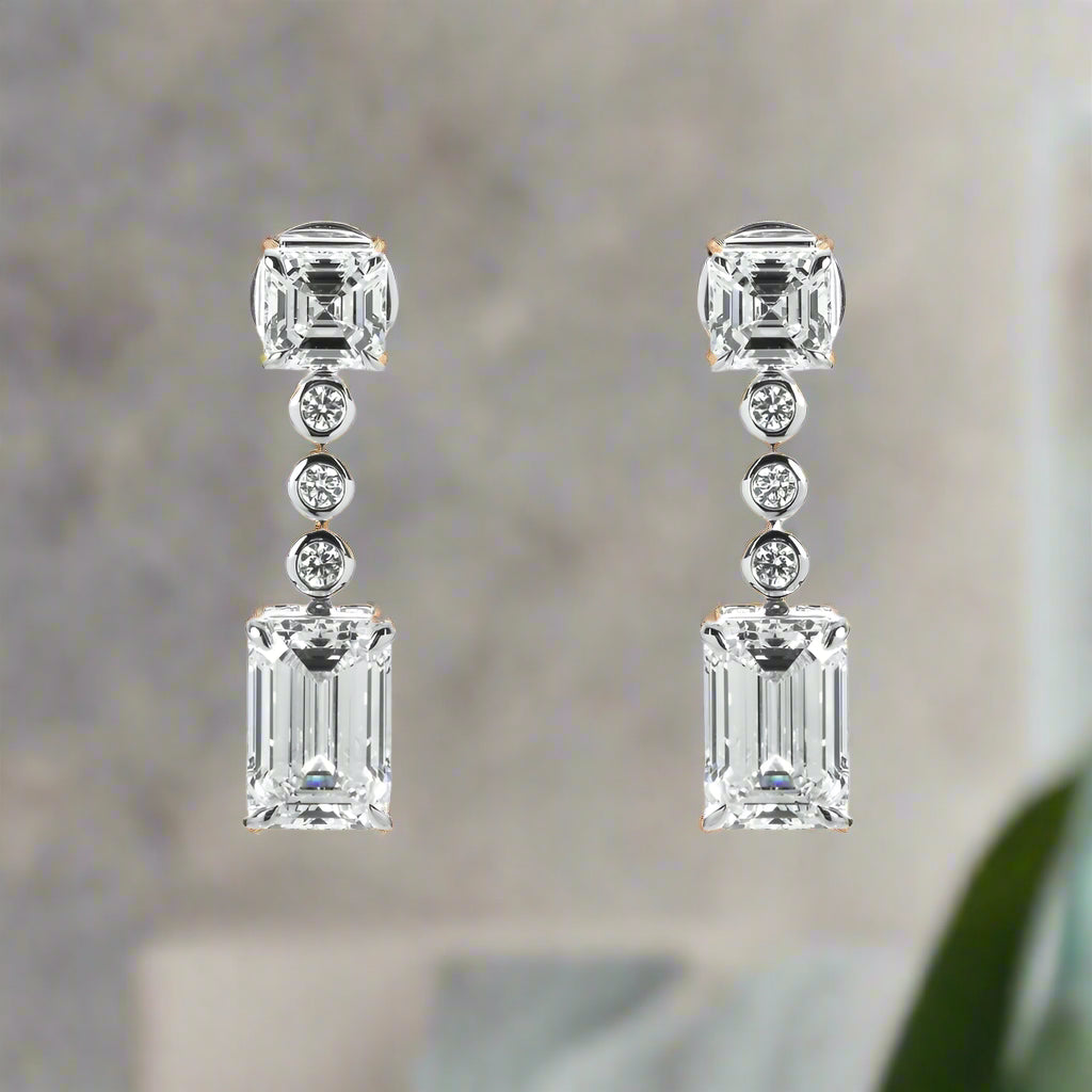 Half crescent earrings-Launi 8 Carats Asscher & Emerald Cut Lab Grown Short Diamond Drop Earrings in 14K White Gold