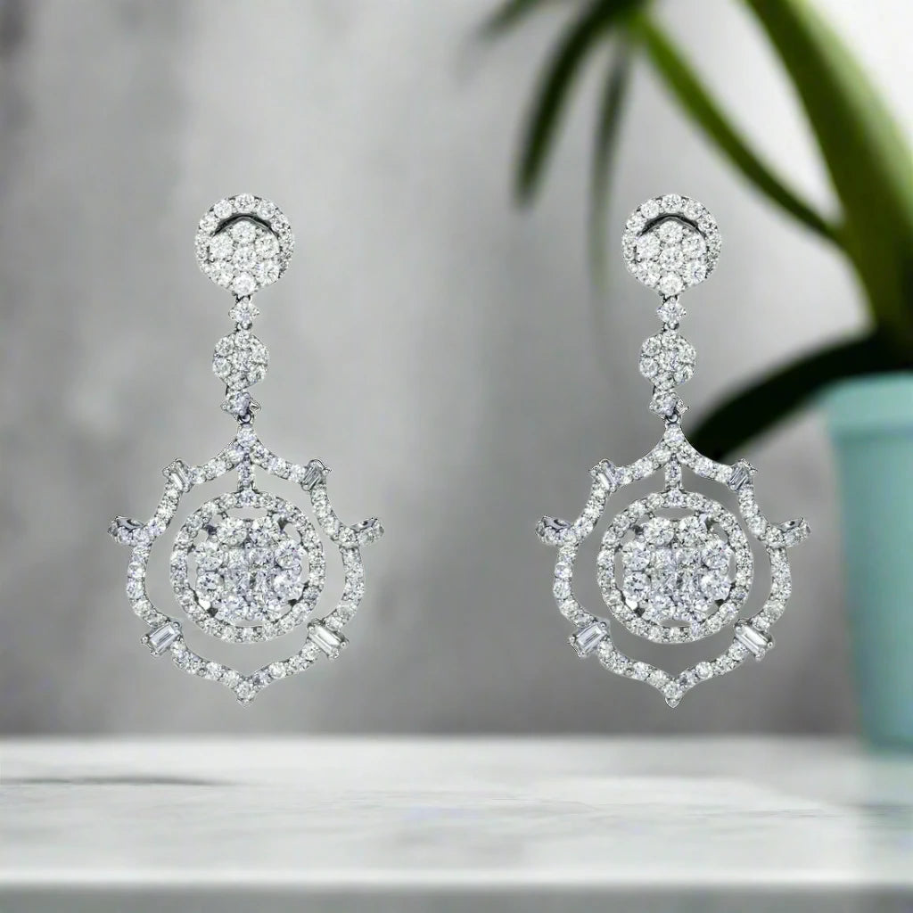 Cord fringe earrings-Berlin 5 Carats Round and Baguette Diamond Drop Earrings in 18K White Gold