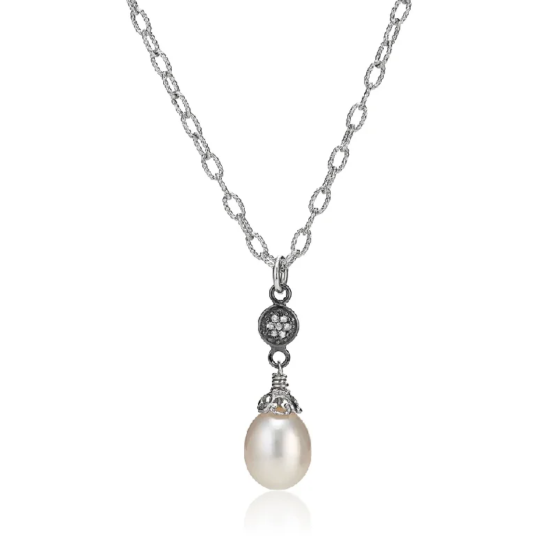 Thick bar necklaces-Large Pearl Teardrop Necklace with Pave Diamonds