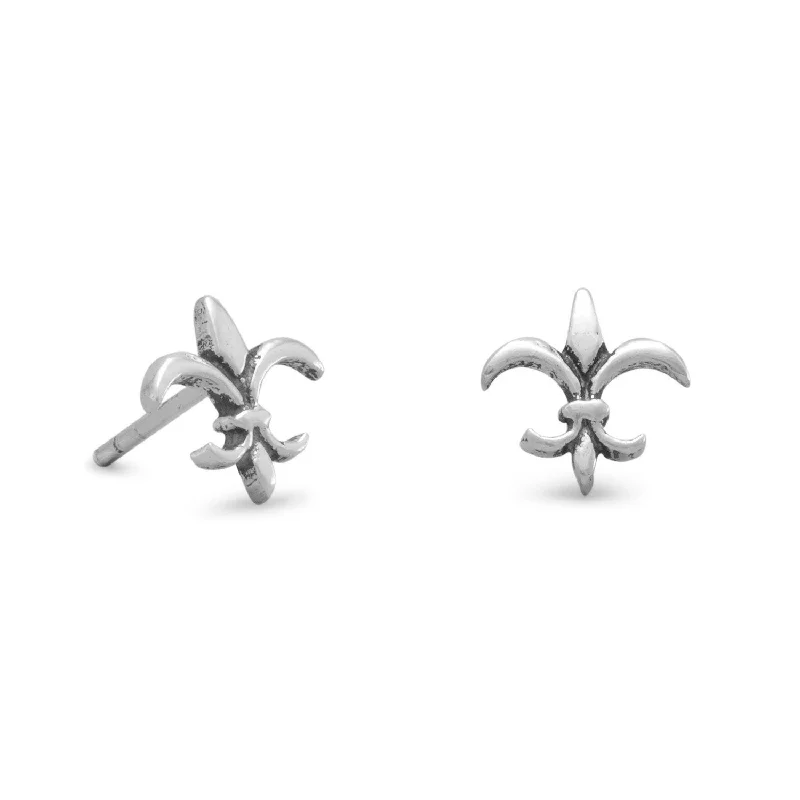 Wave design earrings-Small Fleur-de-lis Post Stud Earrings Antique Finish Sterling Silver