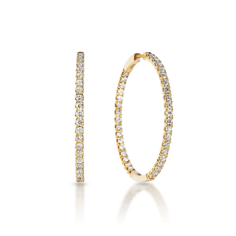 Topaz earrings-Shayna 3 Carat Diamond Hoop Slim Round Brilliant Earrings in 14k Yellow Gold