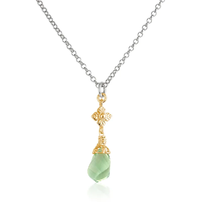 Etched disc necklaces-Faceted Green Amethyst Twist Two-tone Necklace with Flower Detail