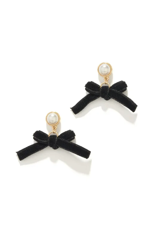 Ruby stud earrings-Marcia Dangle Bow Tie Earring - Gold Black