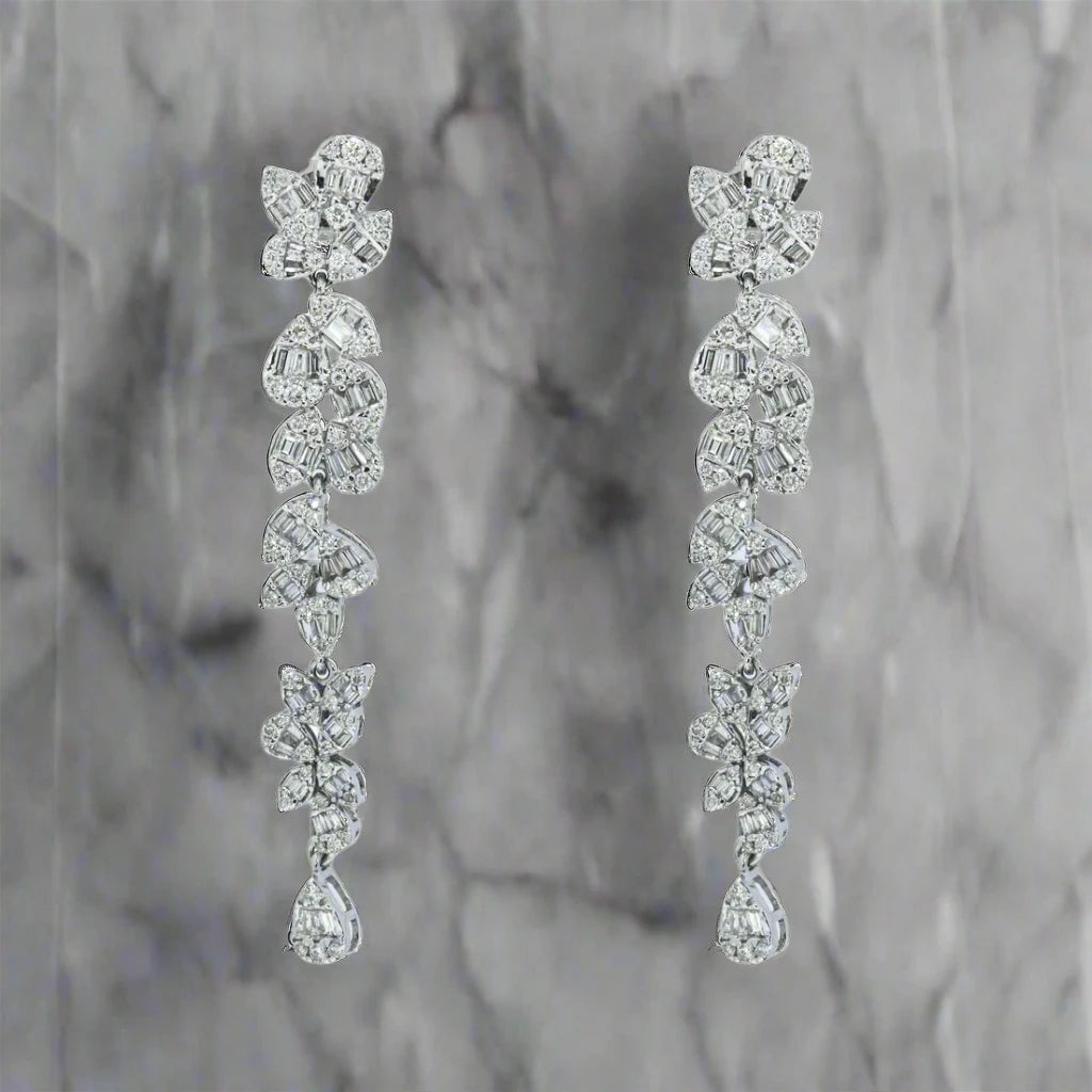 Bead strand earrings-Nebula 3 Carats Baguette and Round Diamond Flower Vine Drop Earrings in 14K White Gold